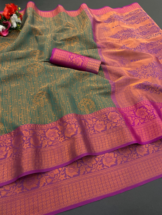 Beautiful and Elegant Banarasi Jacquard Weaving Silk Saree-Dark Green