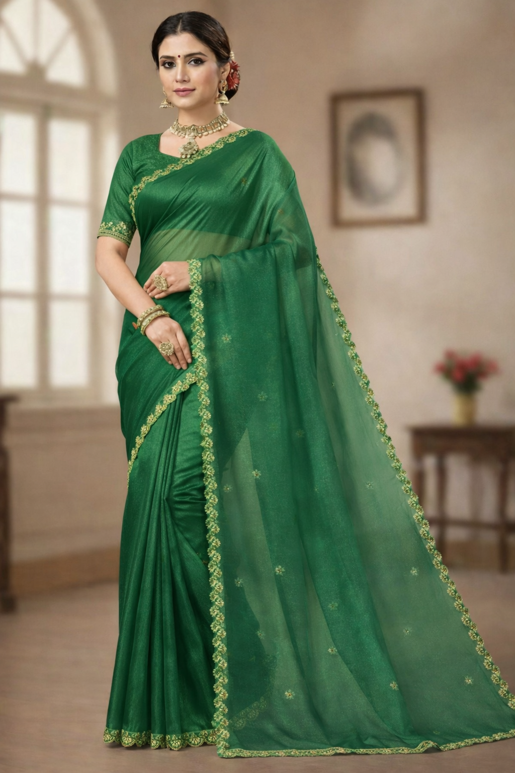 Beautiful and Stylish organza saree(Dark green)