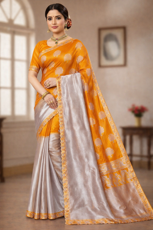 Beautiful and Elegant Banarasi Tissue Silk Saree-Sunset Yellow