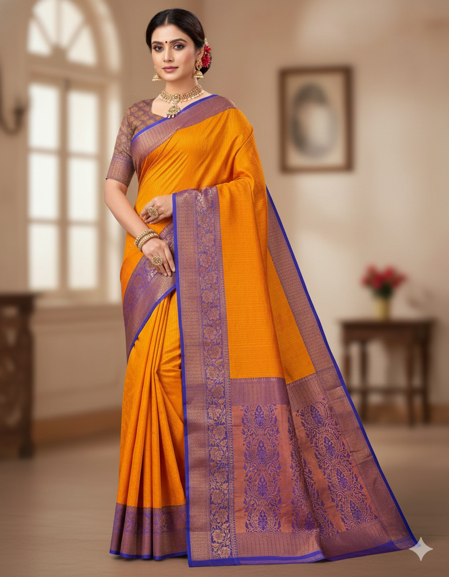 Beautiful and Elegant Banarasi Jacquard Weaving Silk Saree-Sunset Yellow